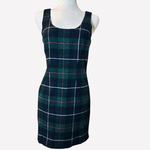 90s Wool Blend Plaid V Neck Jumper Dress Navy Green Button Up Academia Sheath 6